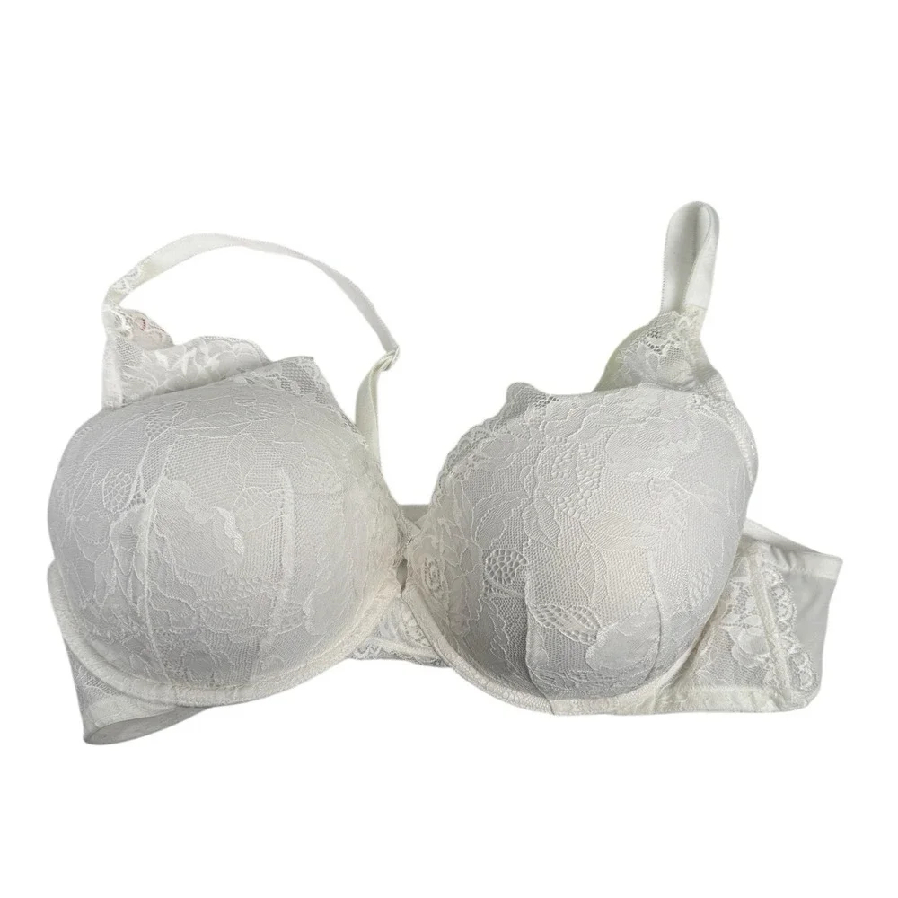 Torrid Curve 2 XO Plunge Push-Up Bra 44D White Red Lace Underwire Crisscross 351